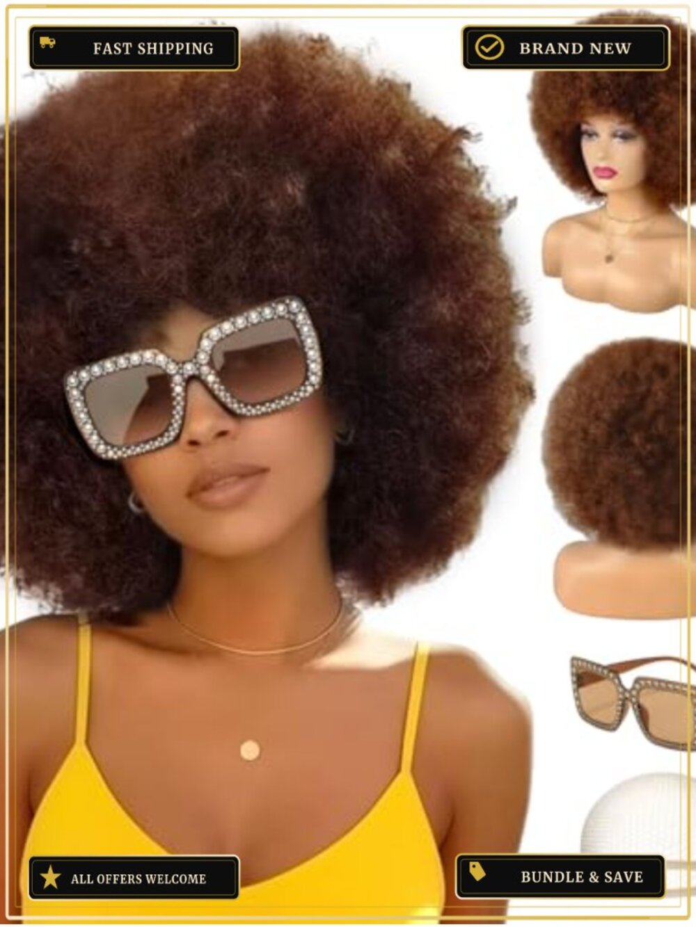 Afro Wig & Retro Sunglasses Set Costume Cosplay Party Disco